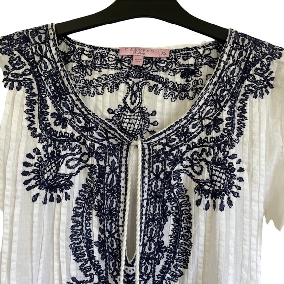 Calypso St Barth Embroidered Pleated Beaded Long Sleeve Tunic Beachy Coastal Top - Picture 3 of 13